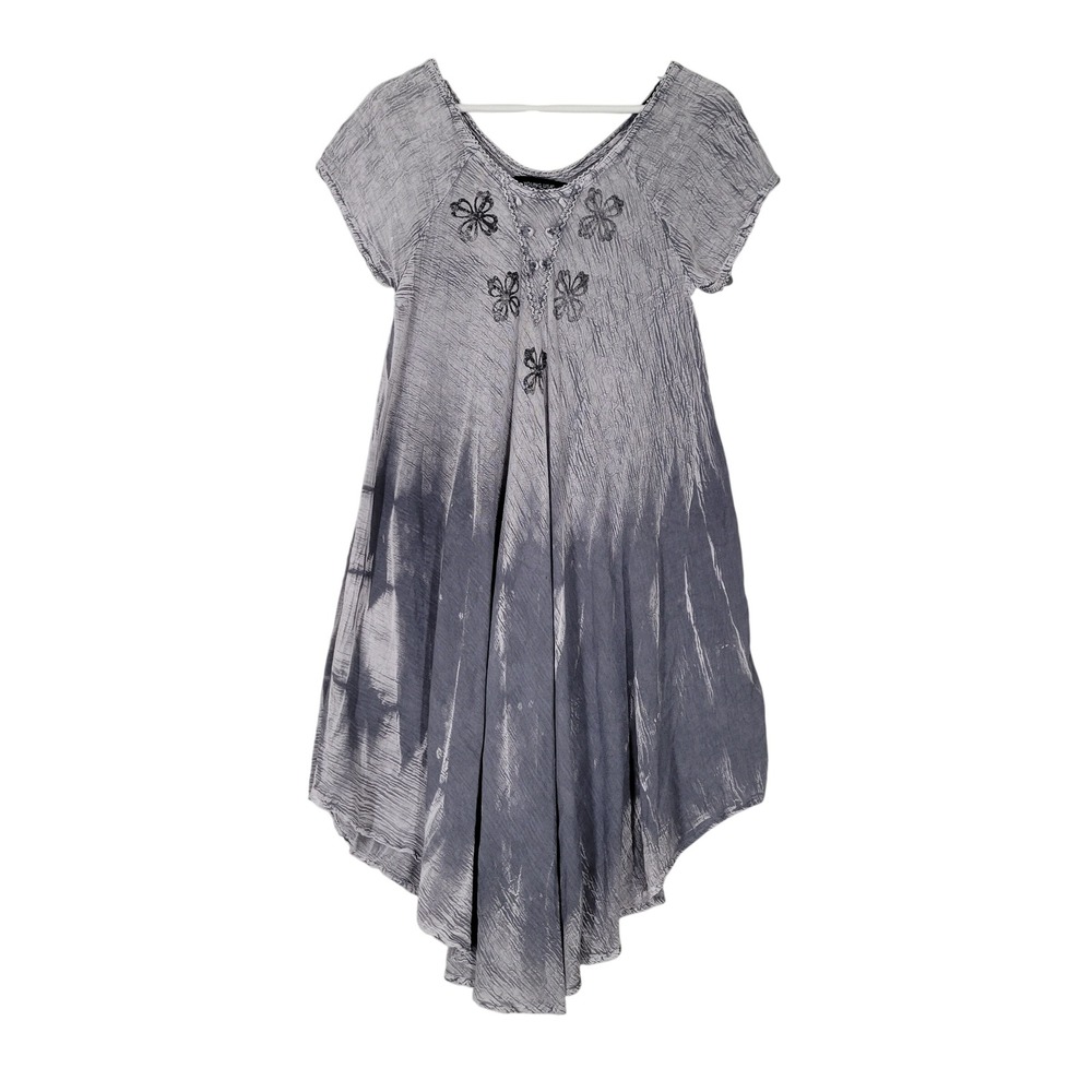 Young USA Tunic Dress Womens OS Grey Tie Dye Embroidered Sharkbite Hem Y2K Fairy